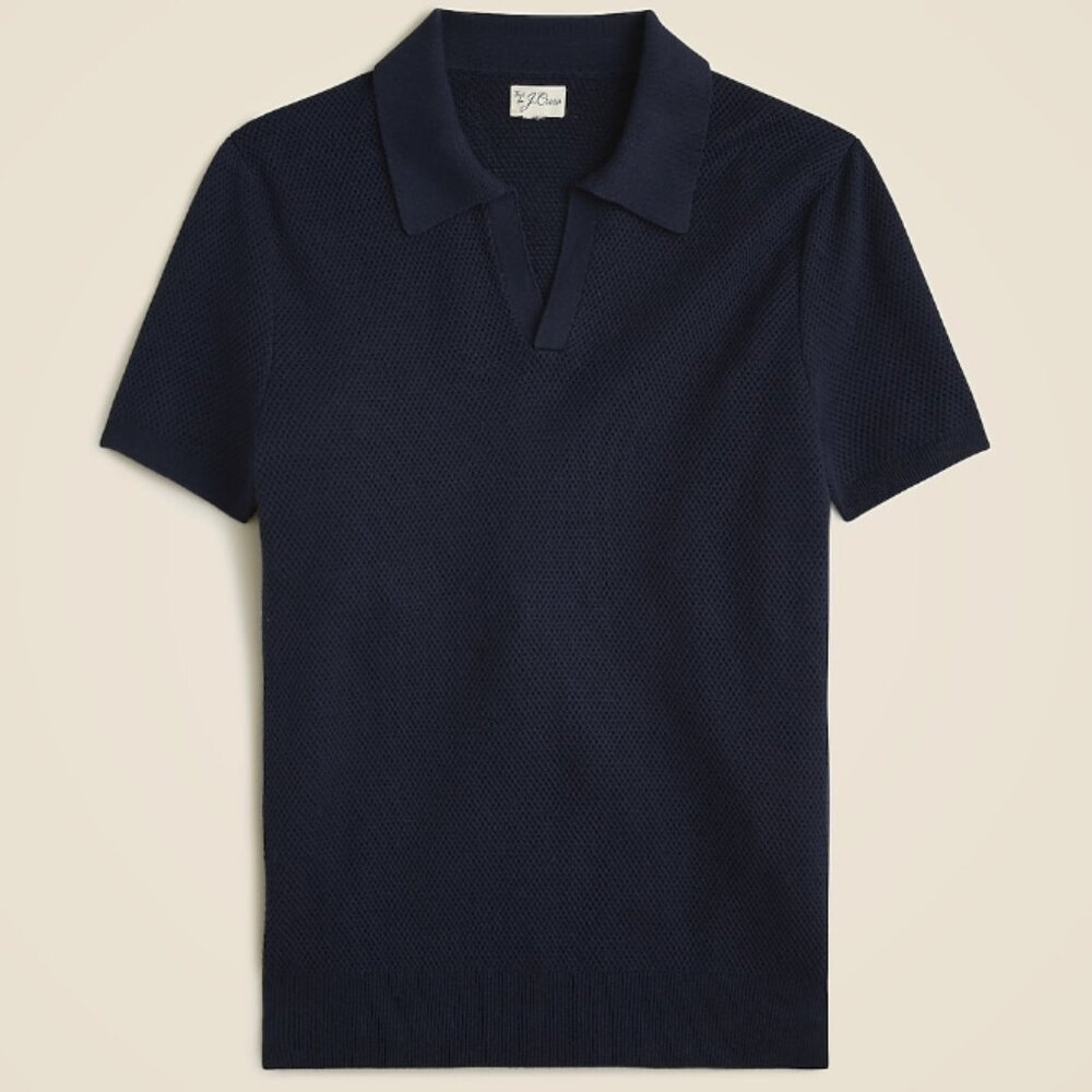 J. Crew Short Sleeve Cotton Mesh Stitch Johnny Collar Sweater, Navy XL